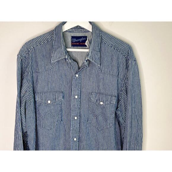 Wrangler Retro Striped Pearl Snap Western Button-Up Shirt Blue Men's XL 17 1/2 - Picture 2 of 6